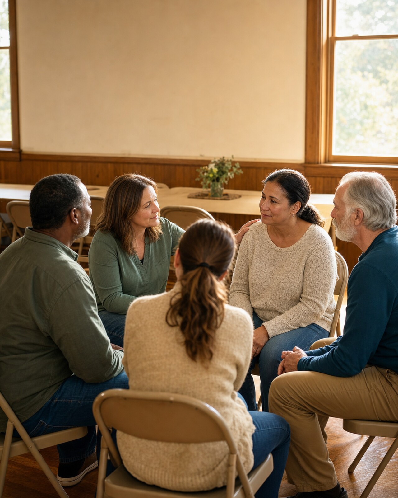 A diverse group gathered in a warm room, listening and talking together.